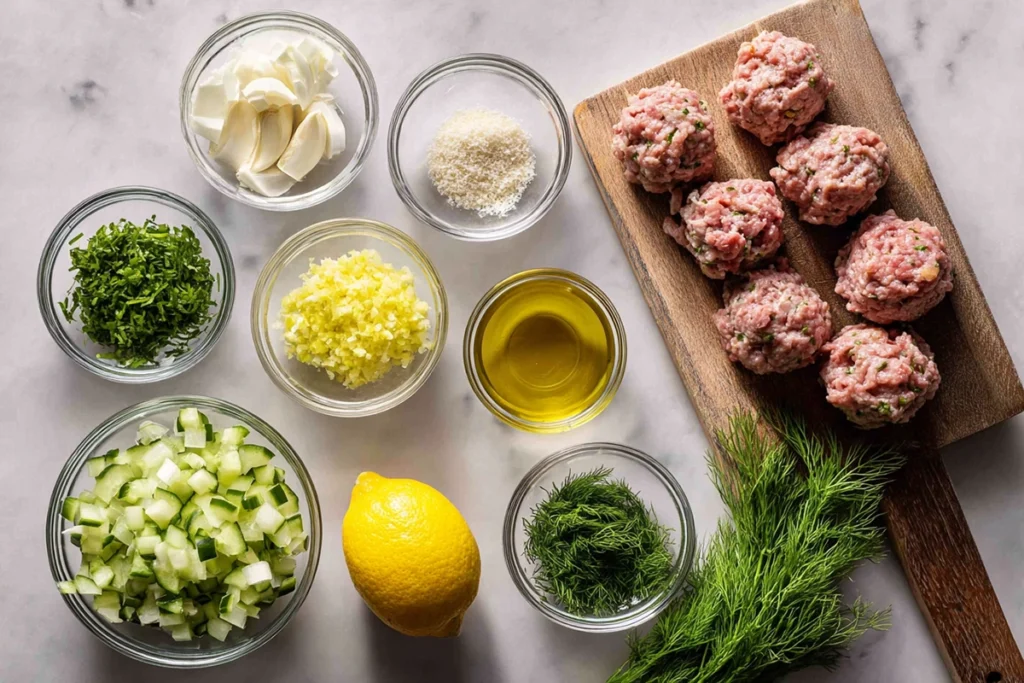 overhead ingredients for Greek Turkey Meatballs with Tzatziki