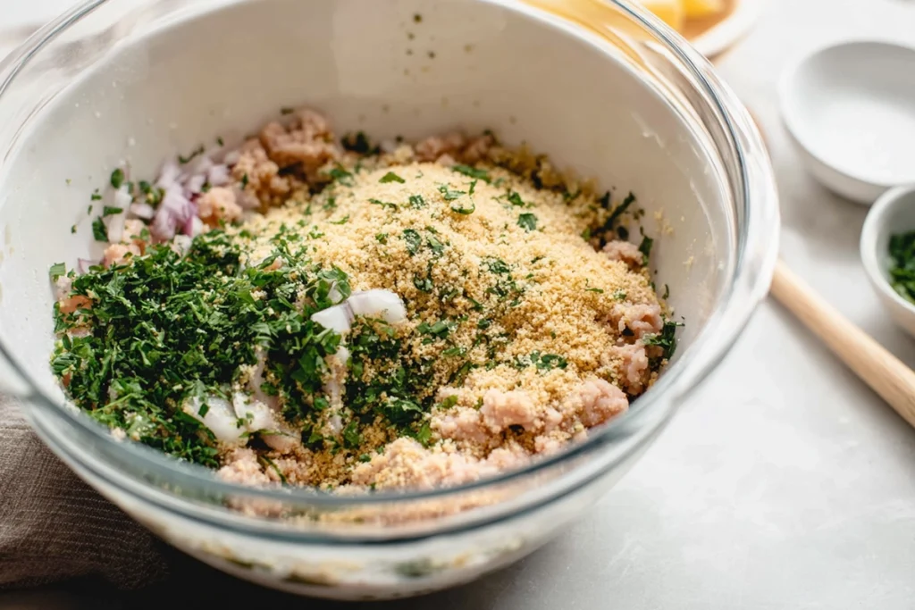 mixing bowl with ingredients for Greek Turkey Meatballs with Tzatziki