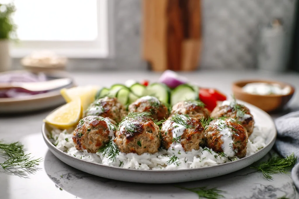 close-up tzatziki sauce for Greek Turkey Meatballs with Tzatziki