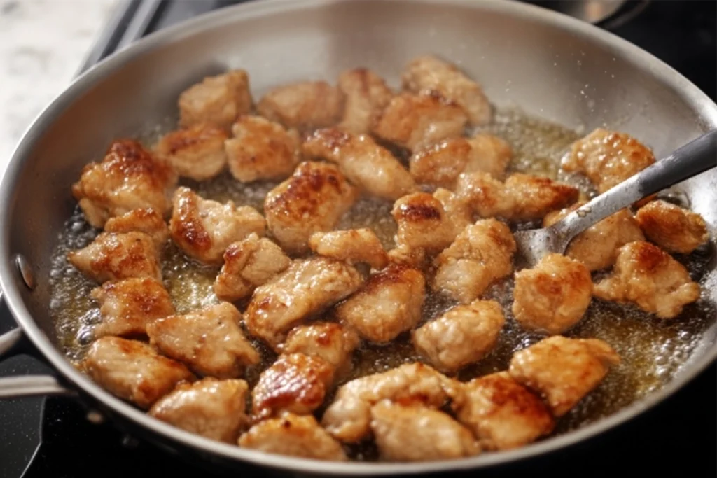 skillet cooking process for honey butter chicken with bubbling glaze
