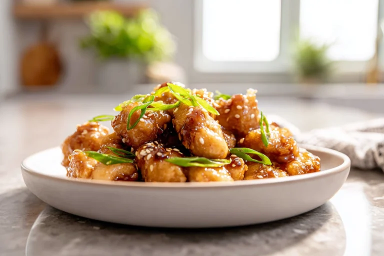 photorealistic honey butter chicken plated dish in modern kitchen