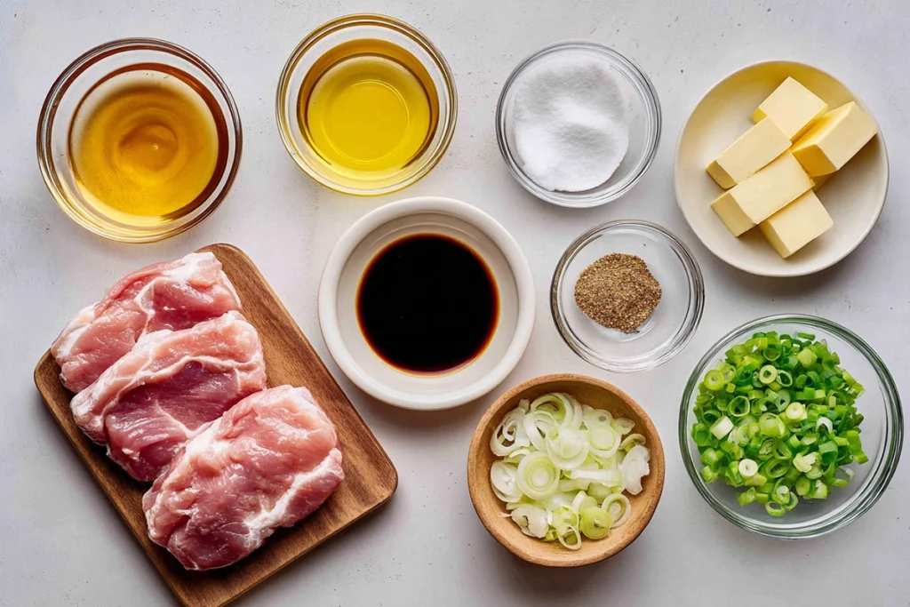 overhead ingredients layout for honey butter chicken recipe in modern kitchen