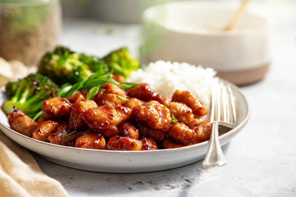 plated honey butter chicken with rice and vegetables in modern kitchen