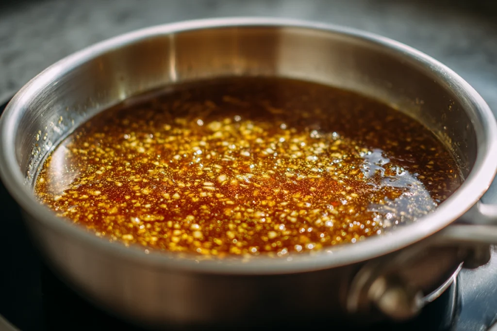 close-up of honey garlic sauce simmering for honey garlic meatballs
