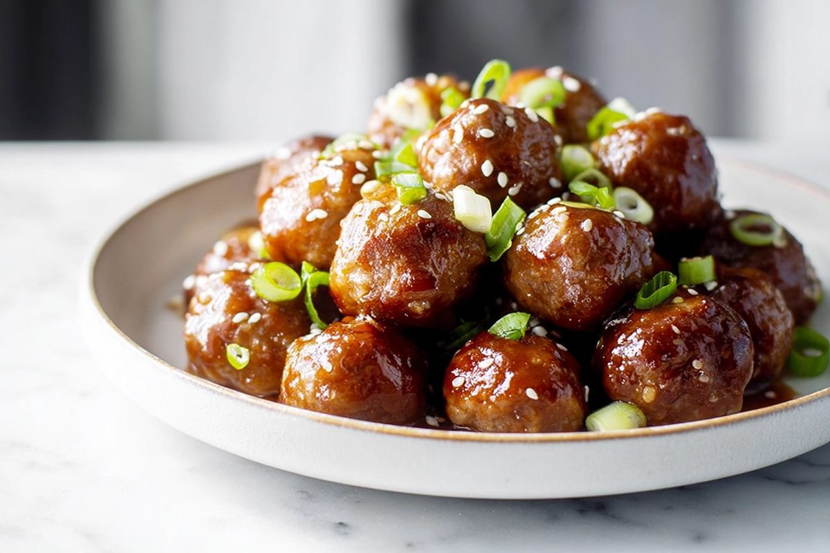 photorealistic honey garlic meatballs hero shot in modern kitchen