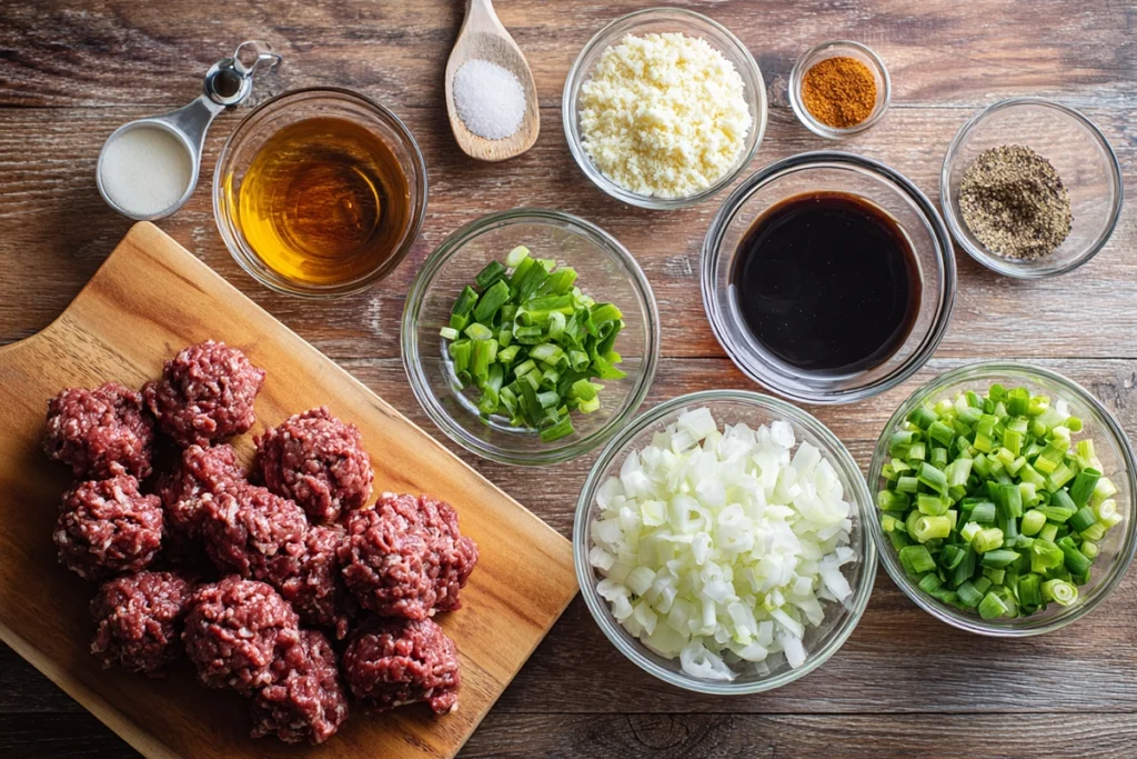 overhead ingredients shot for honey garlic meatballs arranged in glass bowls