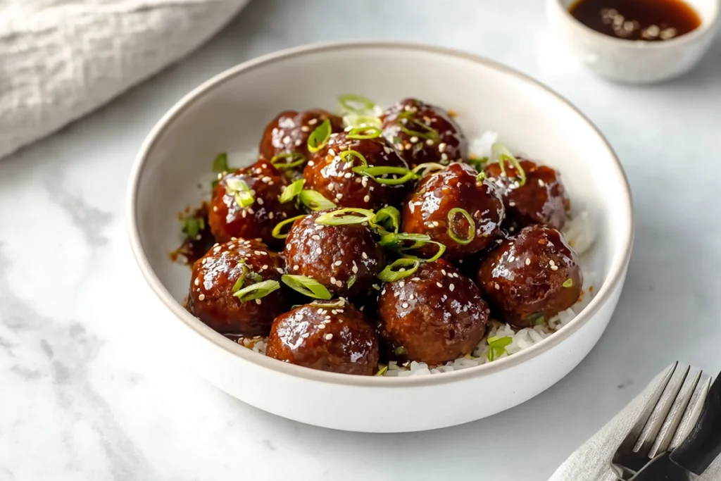 serving dish of glossy honey garlic meatballs in modern kitchen