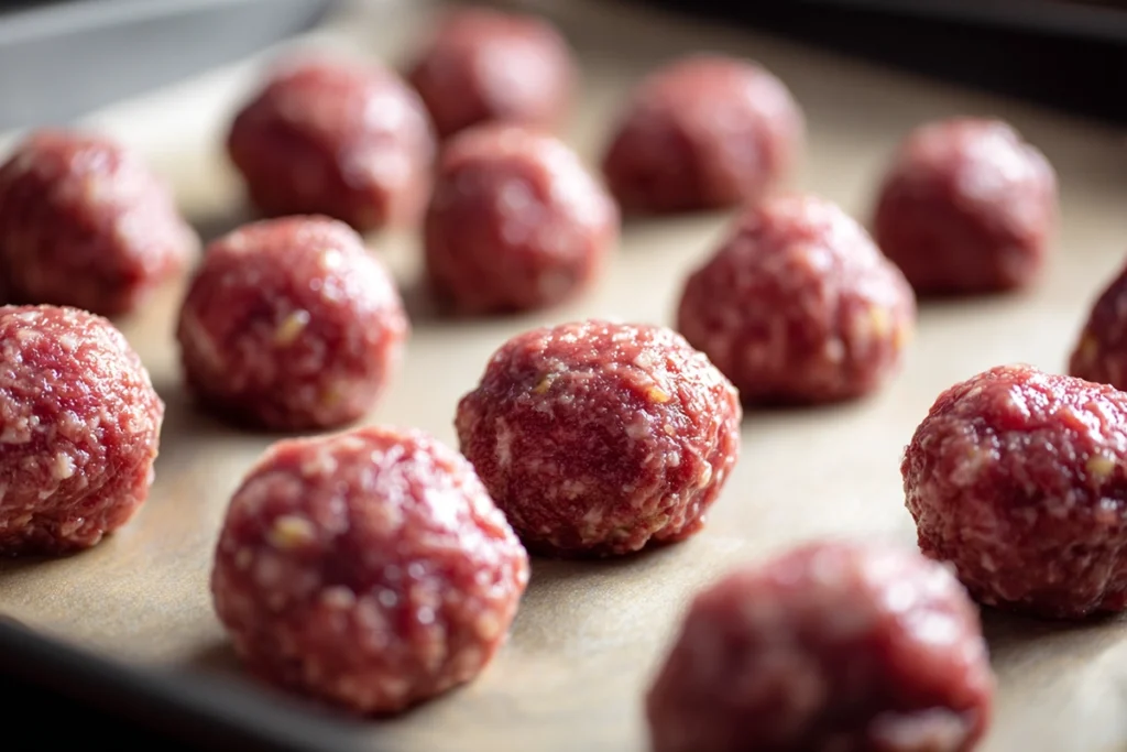 shaping raw honey garlic meatballs arranged on baking sheet