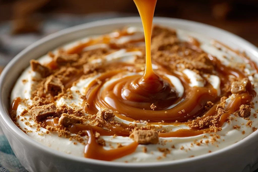 Photorealistic close-up of caramel being drizzled over cheesecake dip with graham cracker crumbs.