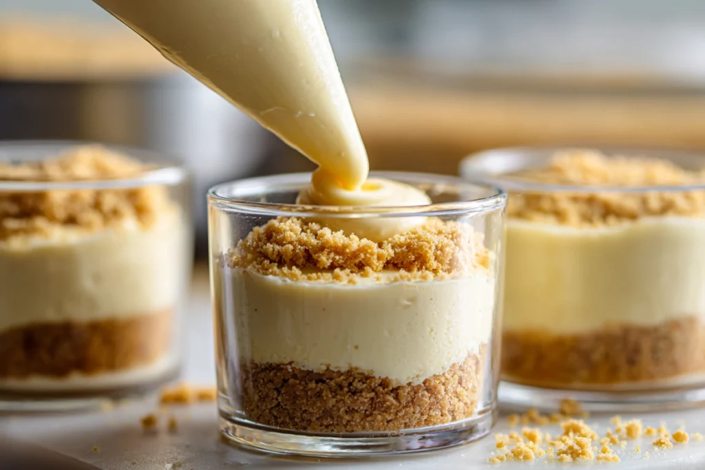 process of layering dessert cups with cheesecake filling and graham cracker crumbs