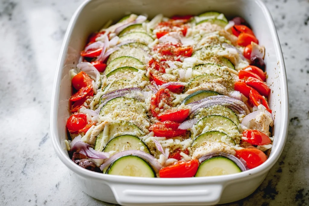 casserole layers for Mediterranean Chicken Zucchini Bake before cooking
