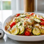 photorealistic Mediterranean Chicken Zucchini Bake plated dish in modern kitchen