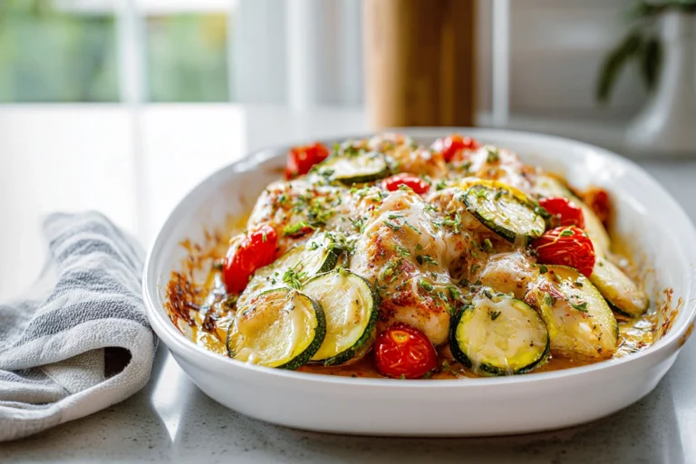 photorealistic Mediterranean Chicken Zucchini Bake plated dish in modern kitchen