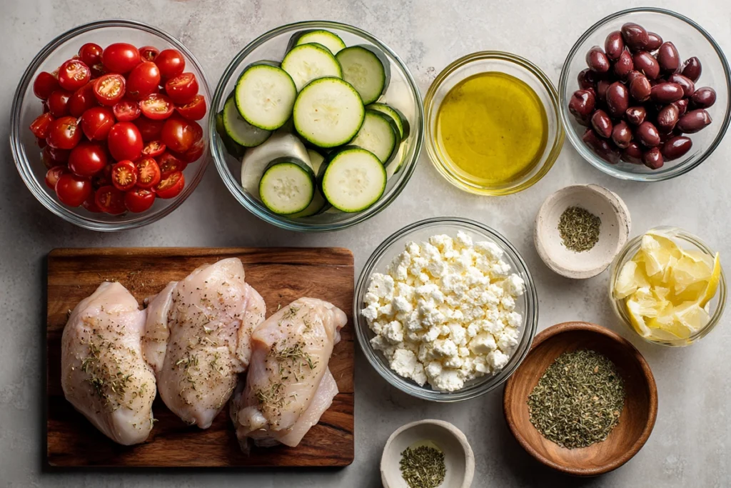 overhead ingredients layout for Mediterranean Chicken Zucchini Bake in bright natural light