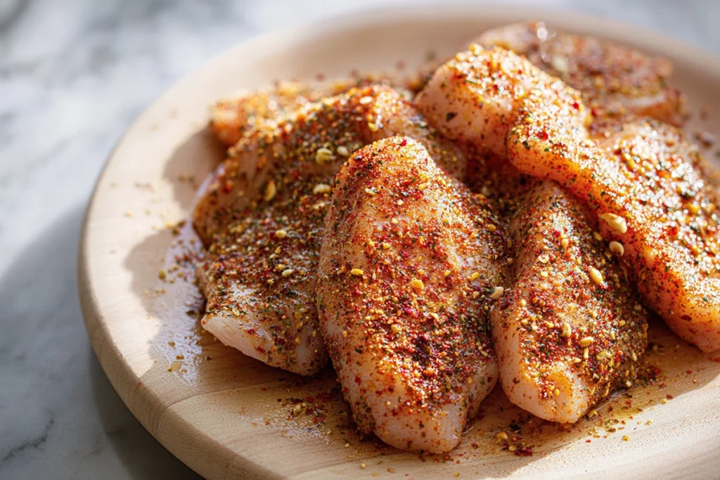 close-up macro of seasoned chicken for Mediterranean Chicken Zucchini Bake