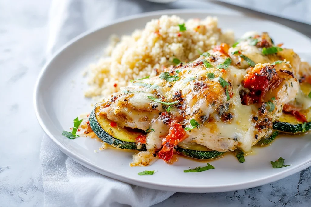 plated serving of Mediterranean Chicken Zucchini Bake with side dish