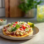Photorealistic hero shot of Mexican Rotisserie Chicken Tostadas in a modern kitchen
