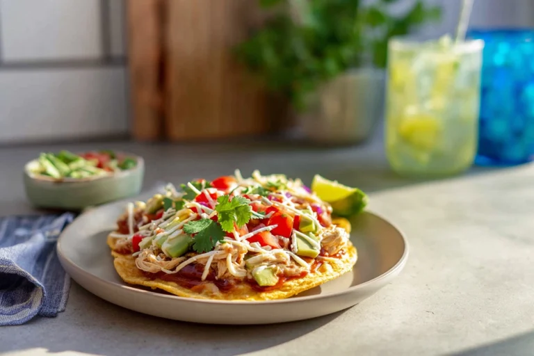Photorealistic hero shot of Mexican Rotisserie Chicken Tostadas in a modern kitchen