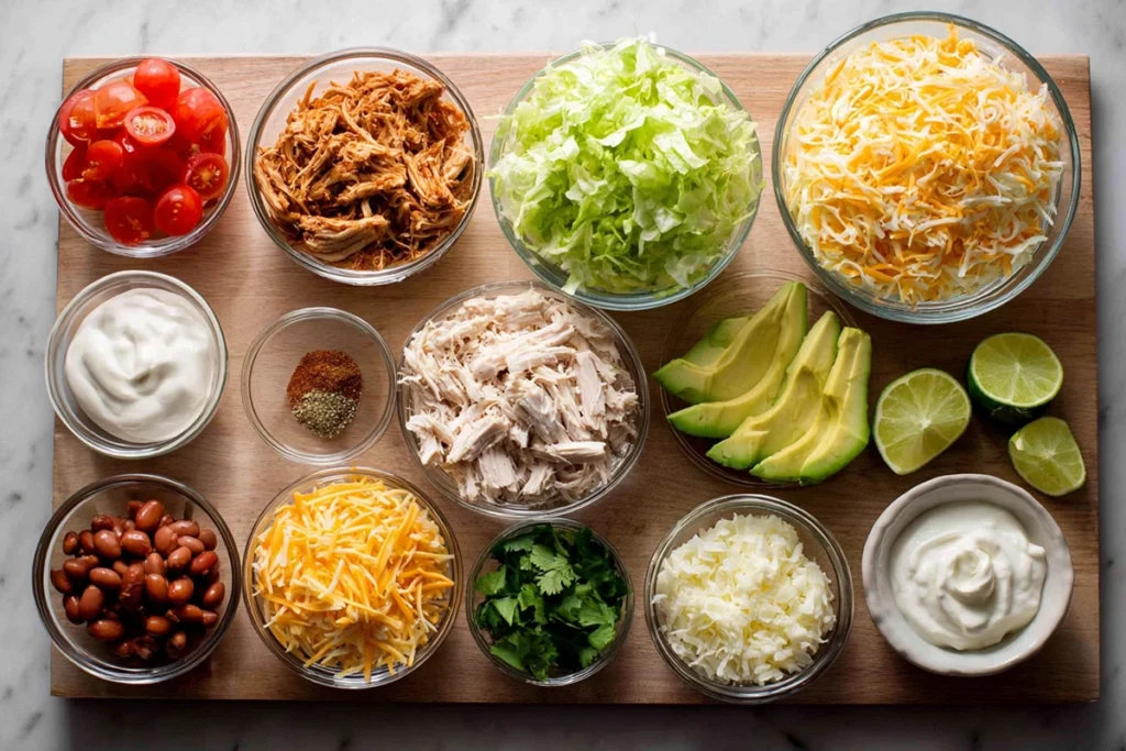 Overhead ingredients shot for Mexican Rotisserie Chicken Tostadas in glass bowls