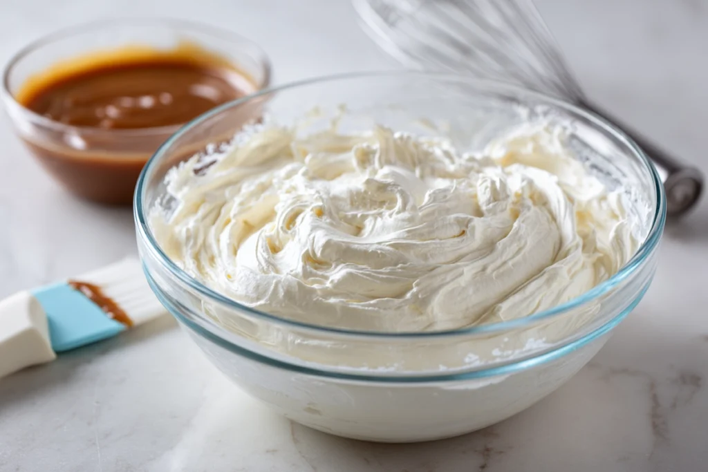 Close-up of whipped cream cheese mixture for caramel apple cheesecake dip on a bright kitchen counter.