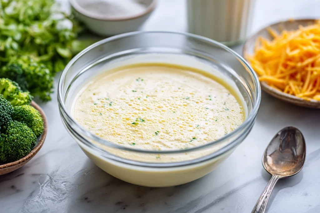 Mixing eggs and milk for Broccoli Cheddar Egg Bake with chopped broccoli and cheddar nearby