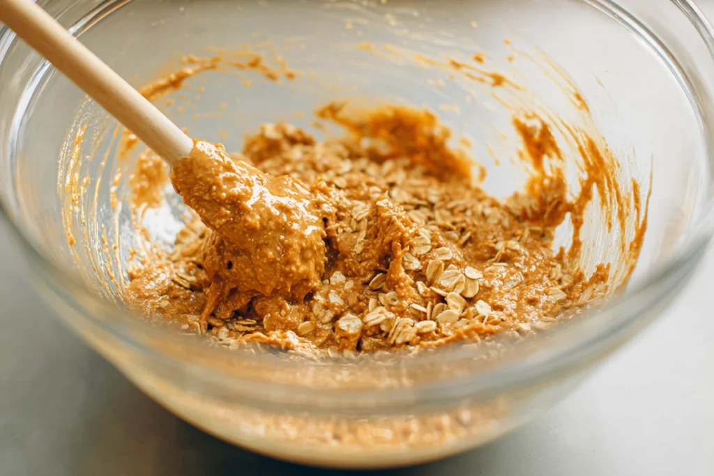glass bowl of peanut butter and cereal mixture for no-bake Butterfinger bites