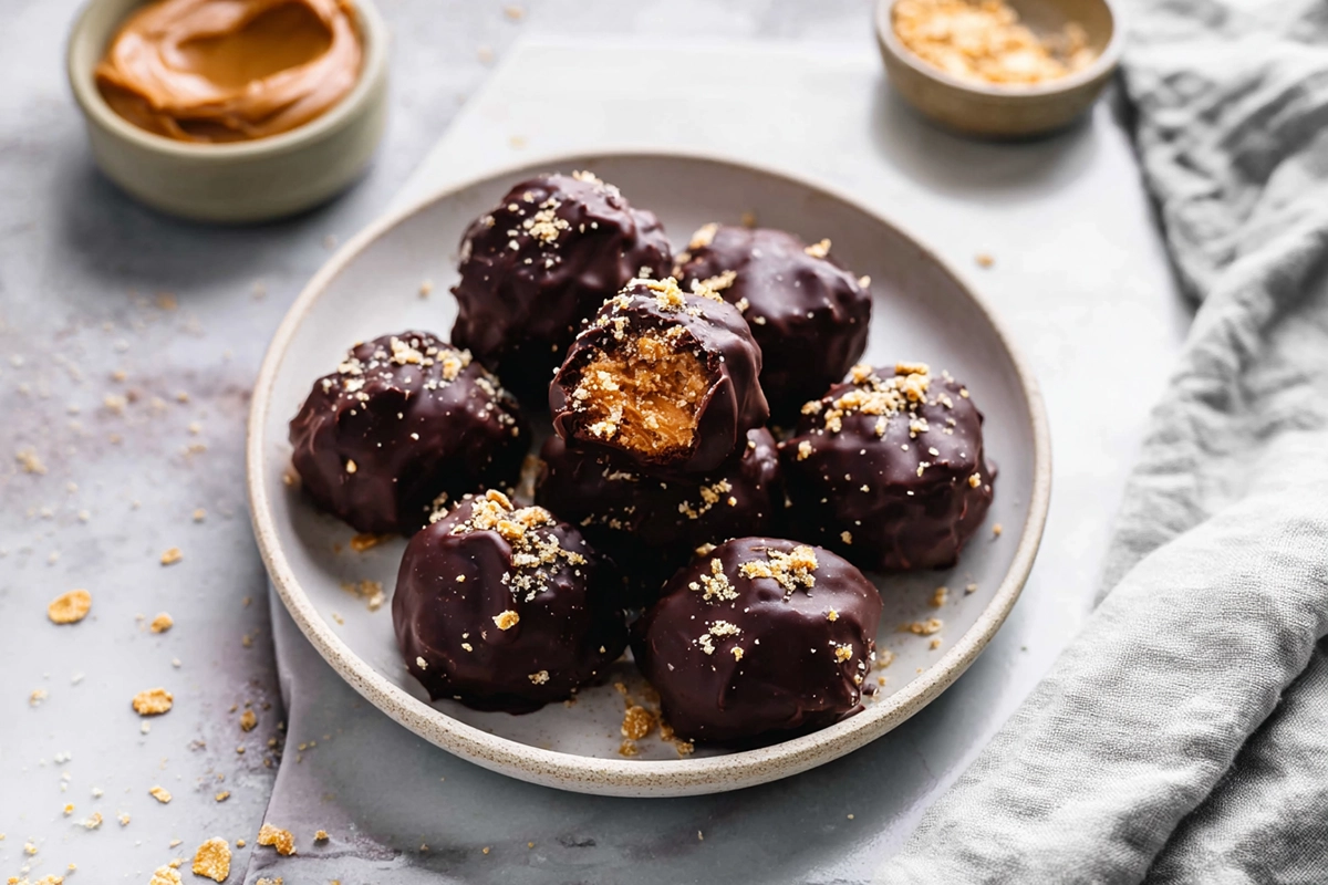 finished no-bake Butterfinger bites with chocolate coating on modern kitchen counter