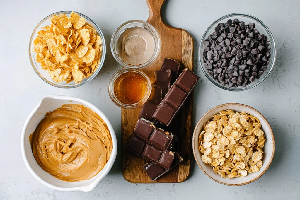overhead shot of no-bake Butterfinger bites ingredients on wooden board with peanut butter and chocolate chips