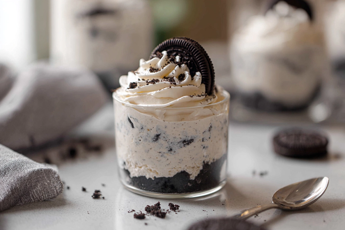 Photorealistic no bake cheesecake cups oreo treats layered in a glass cup