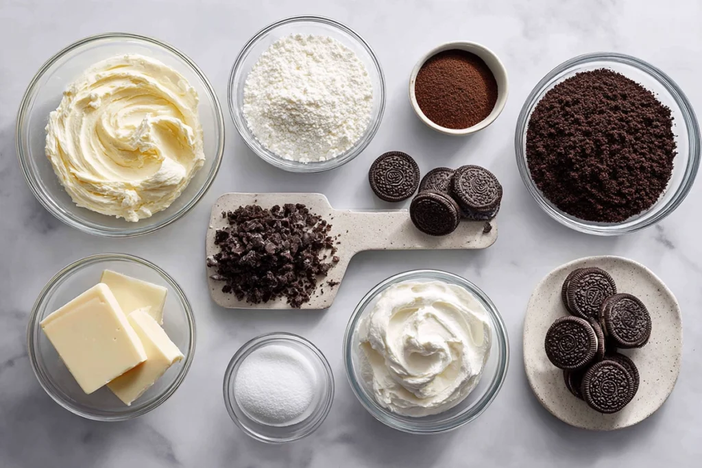 Overhead photo of ingredients for no-bake cheesecake cups oreo treats