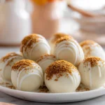 photorealistic hero shot of no bake pumpkin cheesecake balls on white plate in bright modern kitchen
