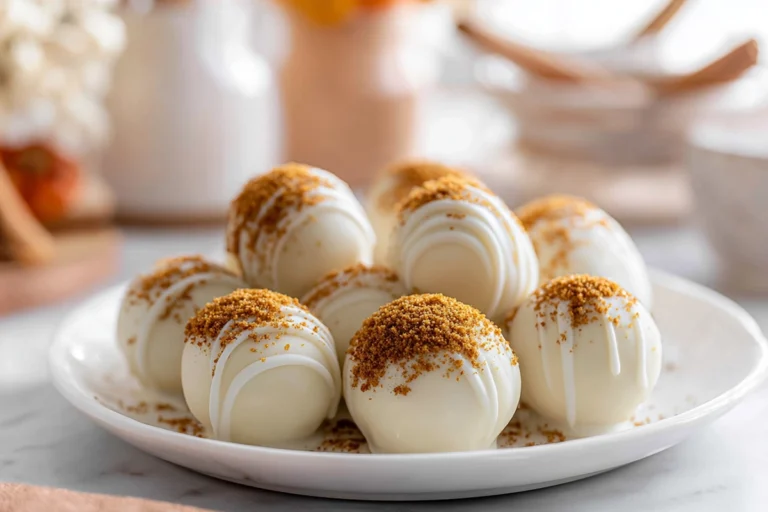 photorealistic hero shot of no bake pumpkin cheesecake balls on white plate in bright modern kitchen