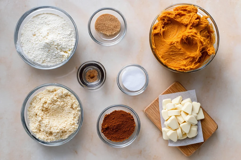 overhead flatlay of ingredients for no-bake pumpkin cheesecake balls arranged on marble countertop in glass bowls