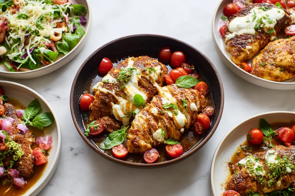 variations of one pan balsamic chicken including vegan and gluten free options on marble counter