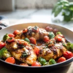 finished one pan balsamic chicken served with roasted vegetables in modern kitchen