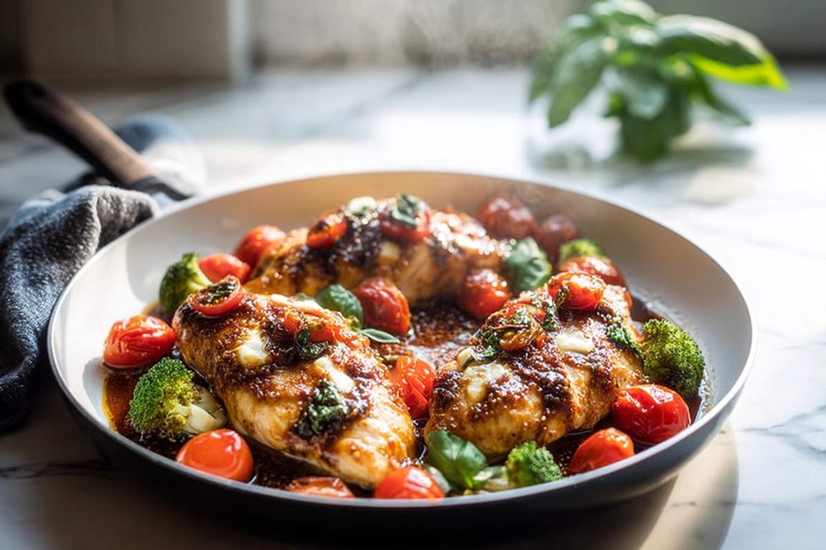 finished one pan balsamic chicken served with roasted vegetables in modern kitchen