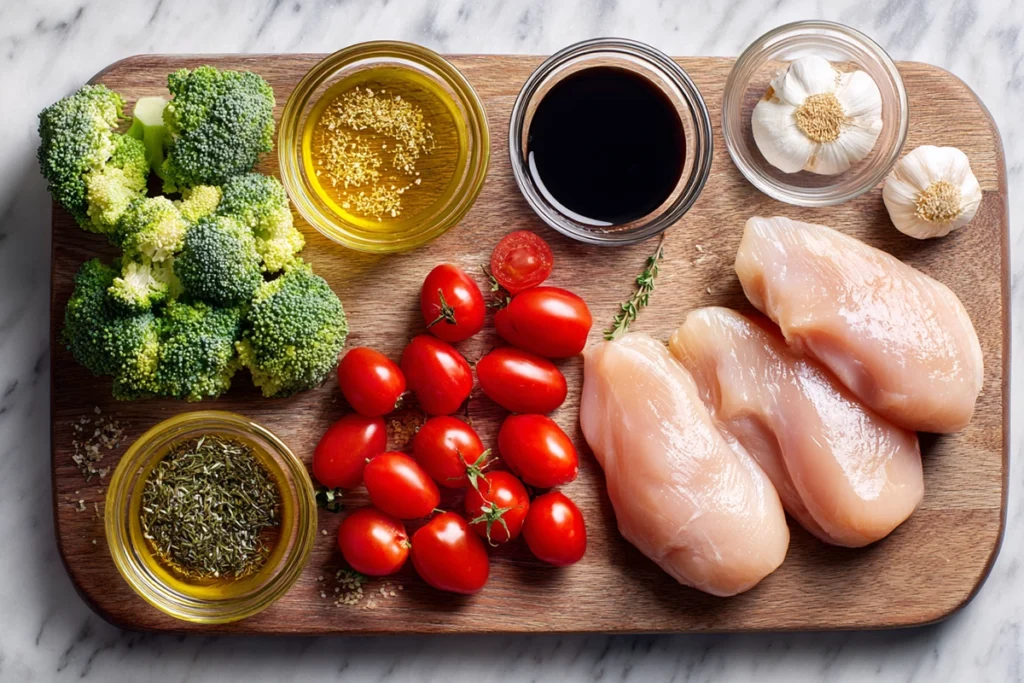ingredients for one pan balsamic chicken arranged on wooden board with natural light