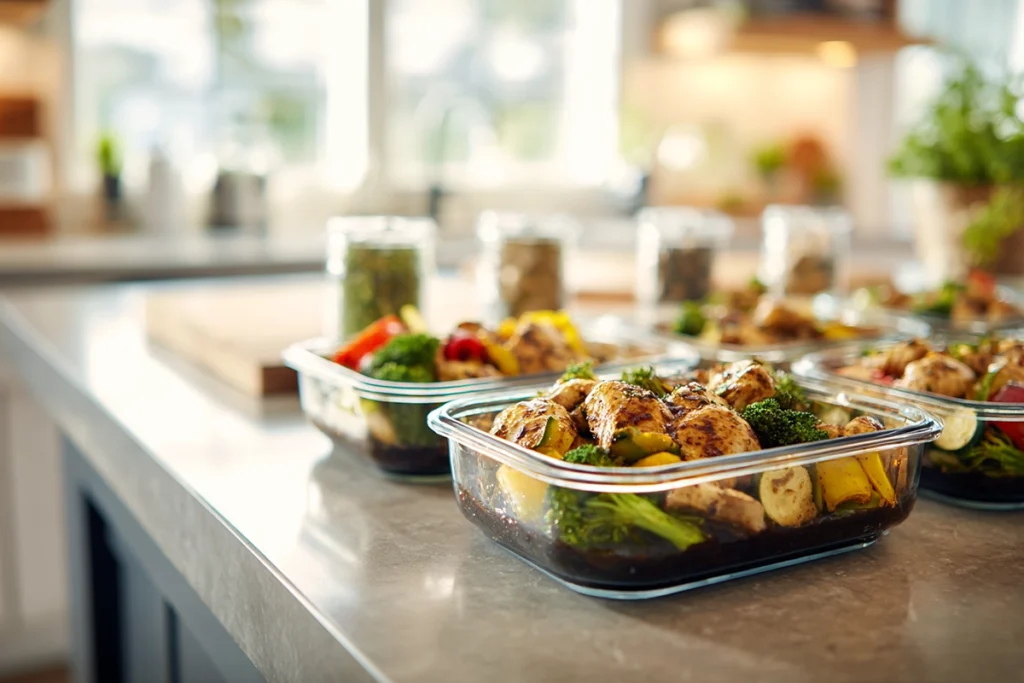 glass containers filled with one pan balsamic chicken and roasted vegetables ready for storage