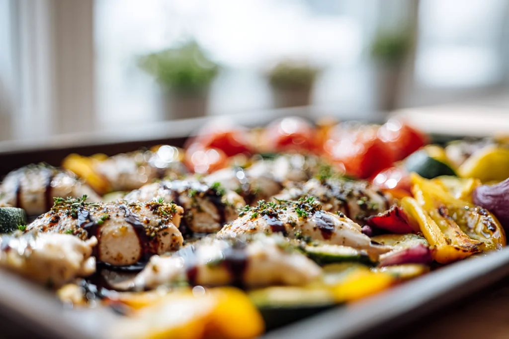 marinated chicken and vegetables arranged on pan with balsamic glaze in modern kitchen