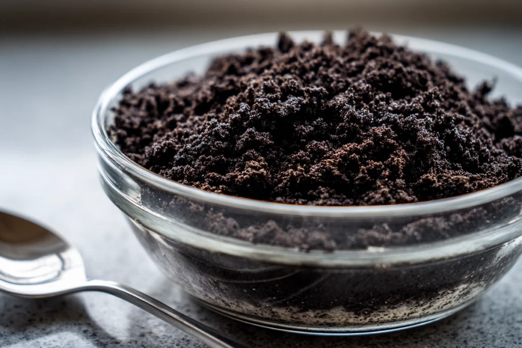 Close-up of Oreo crust mixture for no bake cheesecake cups oreo treats