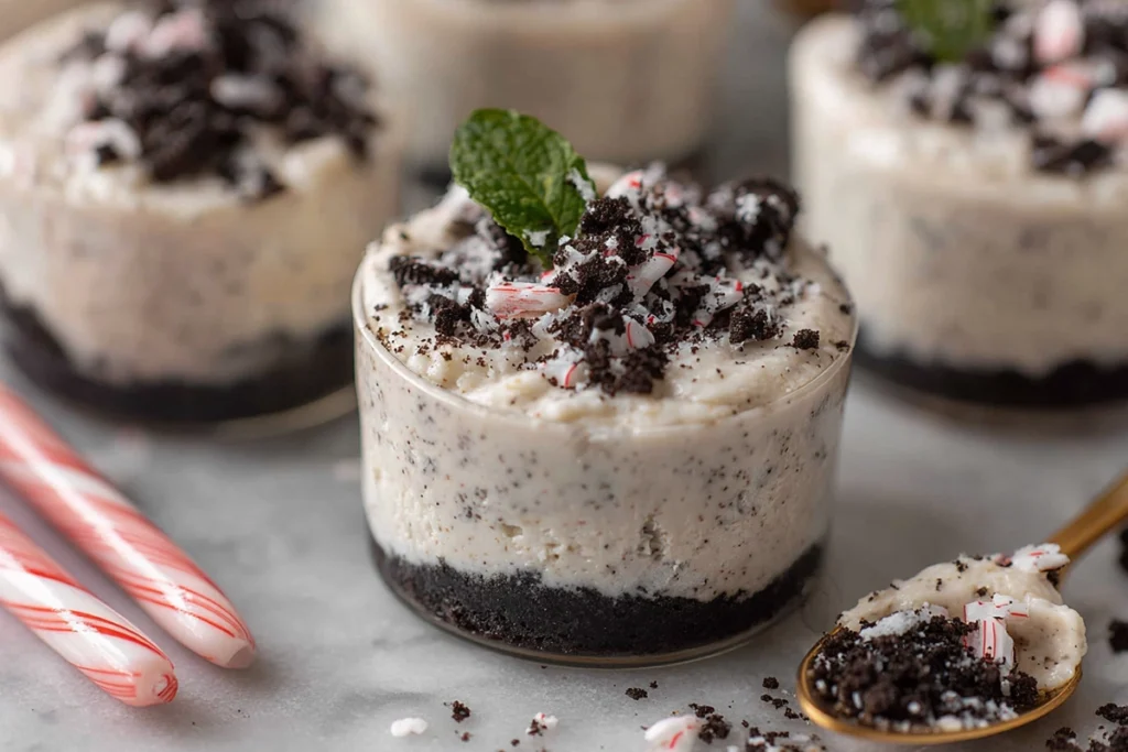 Seasonal variation of no bake cheesecake cups oreo treats with peppermint topping