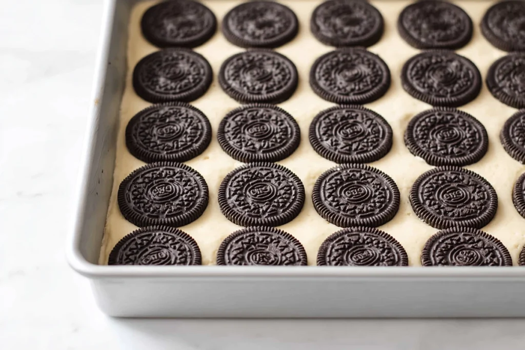 overhead image of Oreo cookies arranged on cookie dough layer for slutty brownies cookie dough