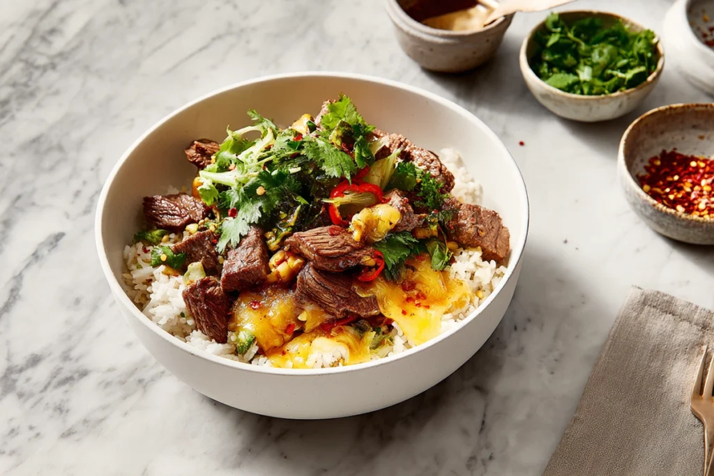 Assembling Philly Cheesesteak Bowls with rice base, steak, peppers, and melted cheese