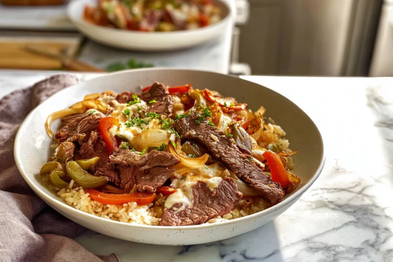 Finished Philly Cheesesteak Bowls served with steak, melted cheese, and peppers on rice
