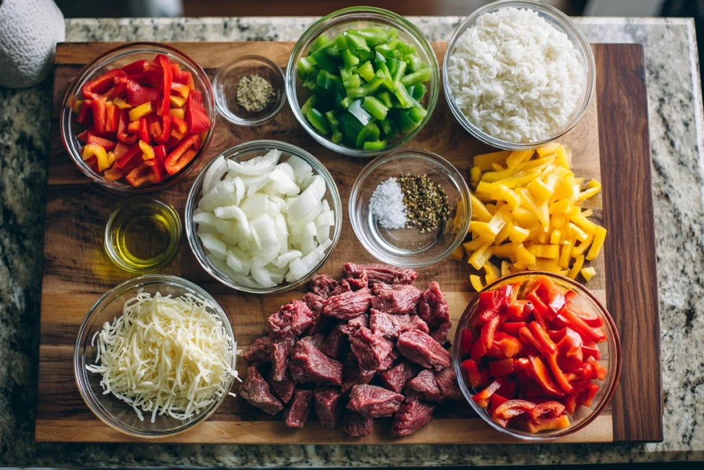 Ingredients for Philly Cheesesteak Bowls including steak, peppers, onions, cheese, and rice