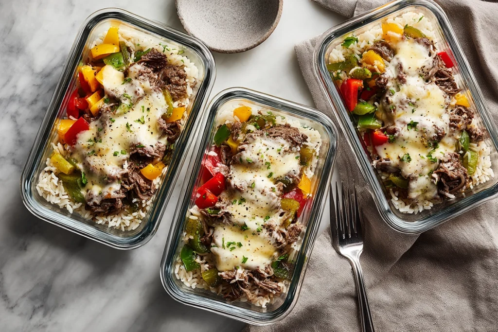 Philly Cheesesteak Bowls in glass meal prep containers on marble countertop