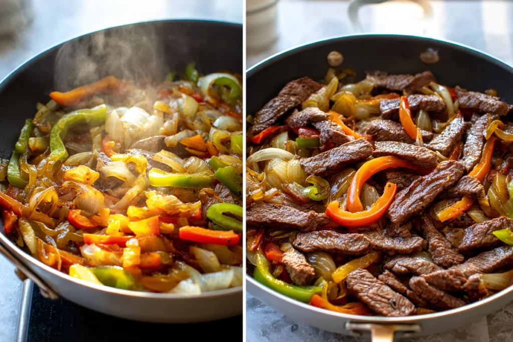 Sliced steak and sautéed peppers cooking for Philly Cheesesteak Bowls in a skillet