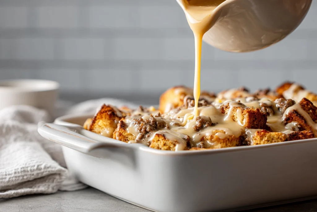 Pouring sausage gravy over biscuit layers for biscuits and gravy casserole