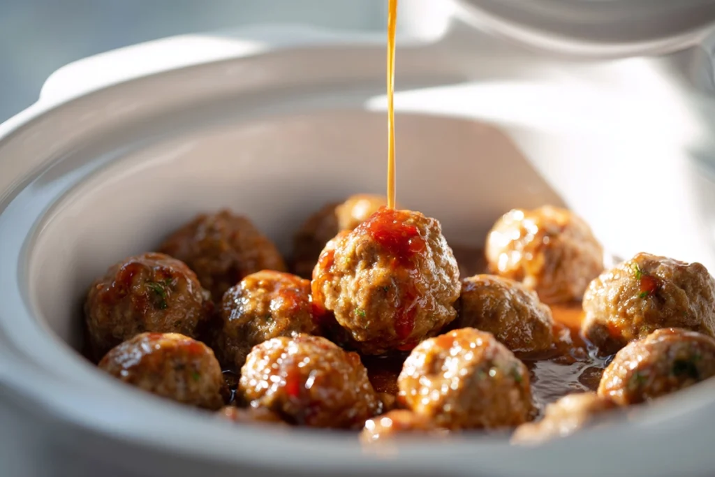 Preparing the crockpot with sweet chili meatballs, sauce being poured over.
