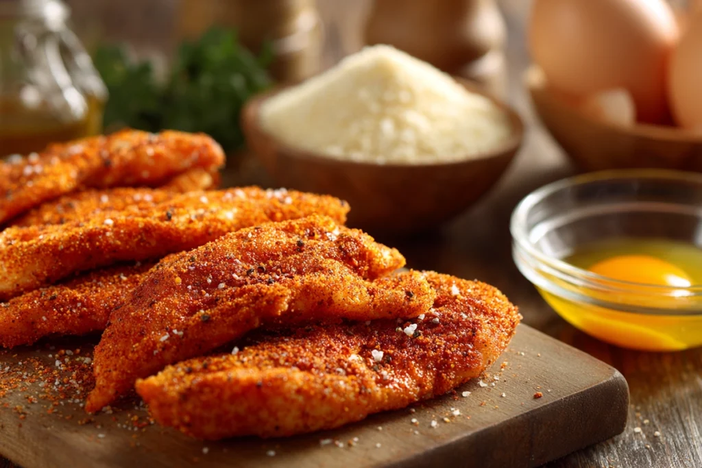 Close-up of seasoned chicken strips for air fryer chicken mozzarella wraps